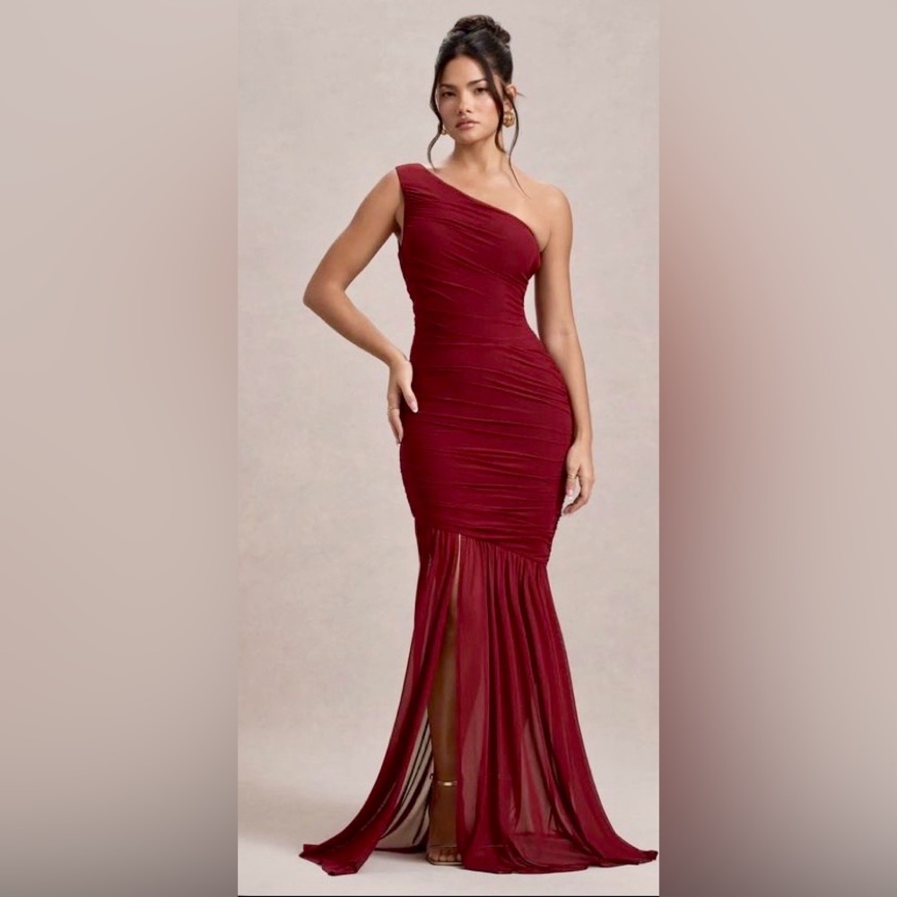 Club L London Bastia Ruched One-Shoulder Burgundy Dress